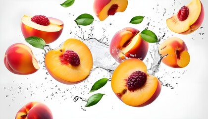 Falling fresh peach isolated on white background