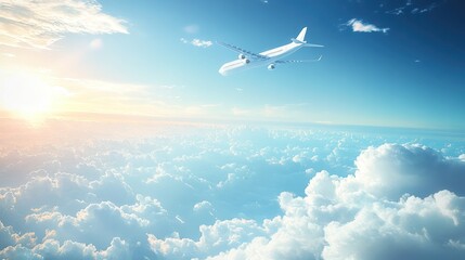 Fototapeta premium A jet plane flies above the clouds in a clear blue sky.