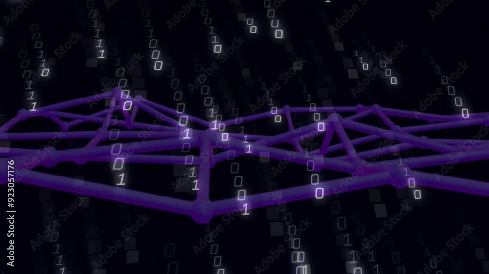 Poster animating binary code and network connections on dark background