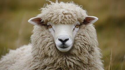 Fototapeta premium Close-up portrait of a fluffy white sheep with a neutral expression, suitable for animal photography, farming, and nature-related content.
