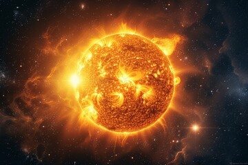 Obraz premium Realistic glowing sun in the center of space, radiating intense light and energy, surrounded by stars in a peaceful and awe-inspiring cosmic scene.