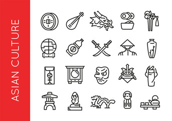 Asian Culture icons. Set of 20 Asian Culture trendy minimal icons. Example: Coin, Lute, Dragon, Sushi, Flower. Design signs for web page, mobile app, packaging design. Vector illustration.