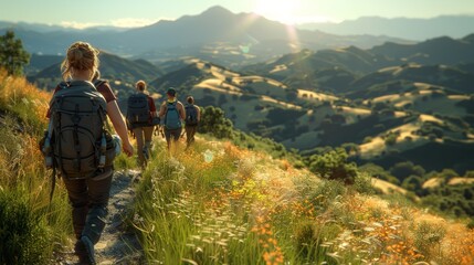 Fototapeta premium Group of hikers exploring a scenic mountain trail during sunrise with vibrant wildflowers in the foreground