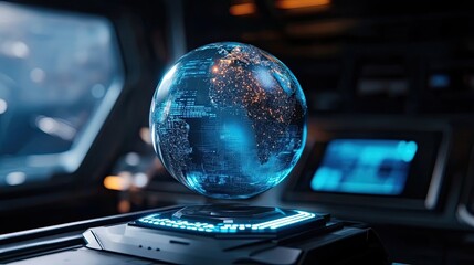 Futuristic Holographic Globe Displayed on a Tech Console
