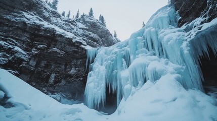 Frozen Waterfall in a Snowy Canyon