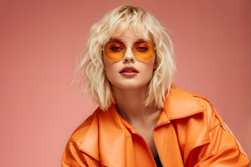 blond woman with sunglasses and orange jacket posing for a picture