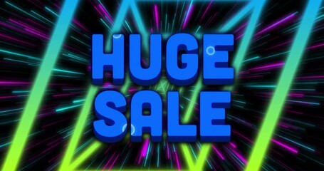 Huge Sale text animation over neon lights and colorful streaks background - Powered by Adobe