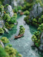 Fototapeta premium A serene river scene with a boat navigating through lush greenery and rocky cliffs.