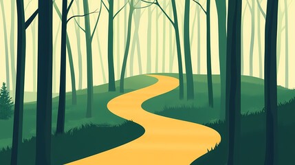 A winding yellow path leads through a dense forest, with tall trees on either side and lush green foliage along the path.