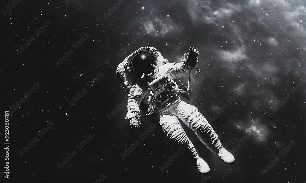 Wall mural astronaut in a spacesuit floating in deep space with stars and galaxies in the background, black and