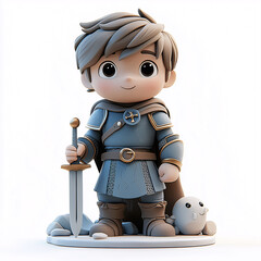 3D clay of a cute boy knight in blue armor, holding a sword and standing with a tiny seal beside him isolated with white background