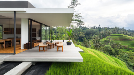 Fototapeta premium Modern cozy house with deck and modular furniture by rice field terrace
