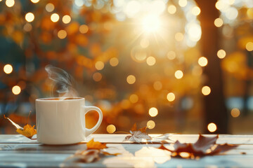 Obraz premium a steaming cup of coffee on an autumn terrace. AI generative.