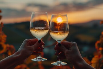 Two hands holding wine glasses filled with sparkling white wine, toasting at sunset in a vineyard.
