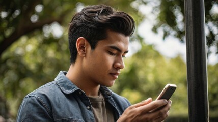 Fototapeta premium Side view of young man using mobile phone outdoors