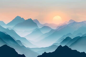 Fototapeta premium Misty mountains, early dawn, mystical feel, flat design illustration