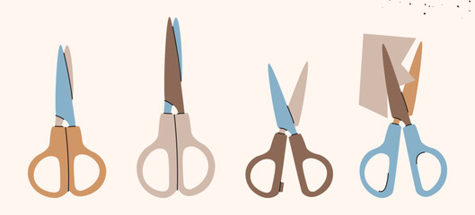 Isolated open scissors symbol set. Scissors cutting paper,scissoring, shear concept.kid scissors signs.Hand drawn Vector illustration EPS 10.