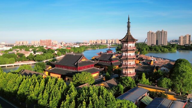 east lake scenic area, pinghu city, bao benzen temple, temples, landmarks, architecture, lakes, aerial photography, jiaxing city, zhejiang, tower, temple, east lake park, scenery, natural scenery, tou