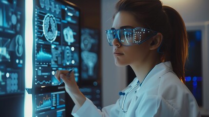 Female Doctor is analyzing data on a large screen in a futuristic medical lab setting.