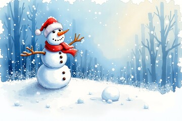 Fototapeta premium Cheerful Snowman with Santa Hat and Scarf Enjoying Winter Forest Scene with Copy Space