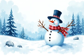 Obraz premium Cheerful Snowman with Top Hat Smiling in Snowy Winter Forest Scene with Copy Space