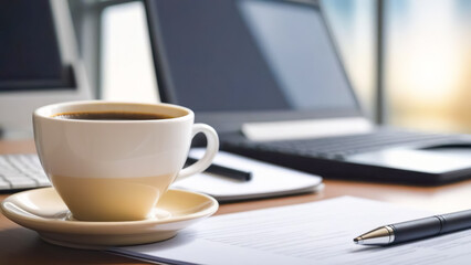 Morning coffee on the document desk, bokeh office background 