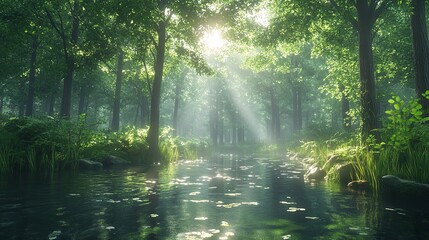Obraz premium Serene forest with sunlight filtering through the trees and a peaceful river flowing