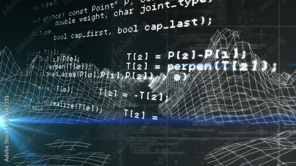 Poster animating 3d graph and mathematical equations over dark background
