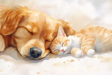  A golden retriever and a tabby cat napping together
