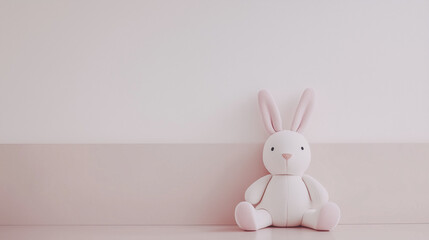 white rabbit in  a plain white wall in a girls playroom. light and modern room with blush pink and white colors 