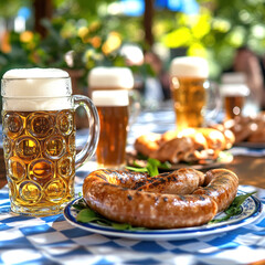 beer on the table and appetizing German sausages. AI generative.
