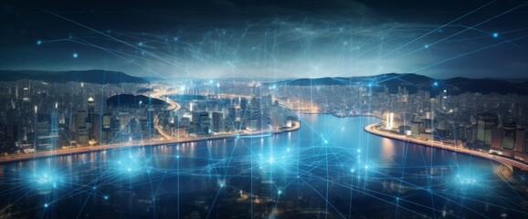 Fototapeta premium Futuristic cityscape with digital lines and data connections in the sky, wide-angle shot, city skyline at night with illuminated skyscrapers, futuristic technology concept, wide panorama. 