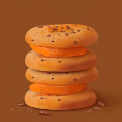 A stack of orange cookies with chocolate bits, showcasing a delicious dessert.