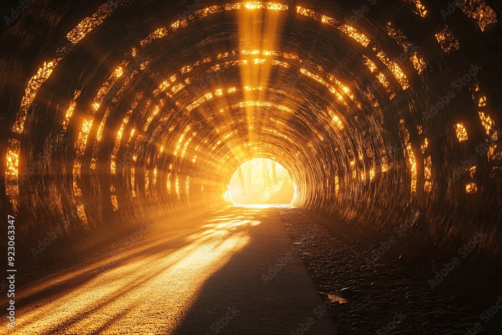 Poster sunlight streaming through a tunnel at dusk illuminating the pathway with golden rays and creating a