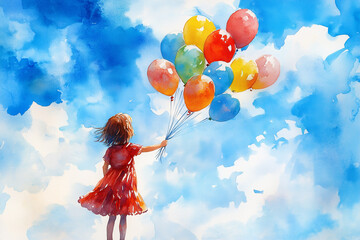 Watercolor painting of a girl with balloons in the blue sky