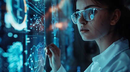 Woman in a white shirt intently examines a large interactive display, focusing on intricate data visualizations and graphs, showcasing her expertise in technology and data analysis.