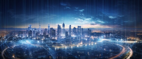 Futuristic cityscape with digital lines and data connections in the sky, wide-angle shot, city skyline at night with illuminated skyscrapers, futuristic technology concept, wide panorama. 