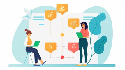 User journey mapping, analyzing customer experiences, flat design illustration