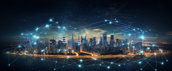 Obraz premium Futuristic cityscape with digital lines and data connections in the sky, wide-angle shot, city skyline at night with illuminated skyscrapers, futuristic technology concept, wide panorama. 