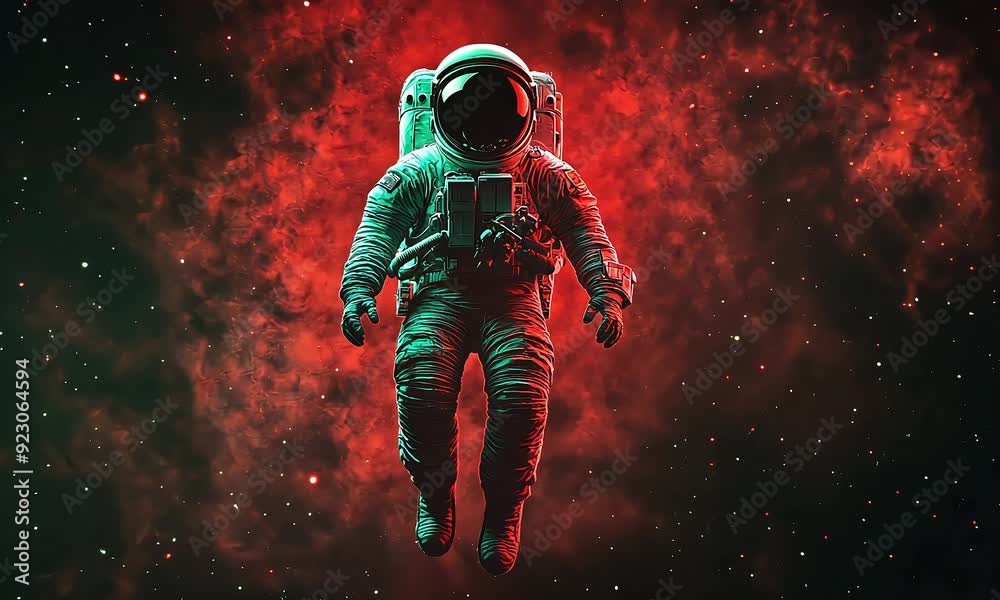 Wall mural astronaut in a spacesuit floating in deep space against a dramatic red nebula background, evoking th