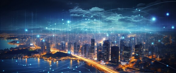 Abstract cityscape with digital data lines and night sky, futuristic skyline background. Concept of global network connection technology in an urban environment. 