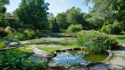A public garden with a tranquil pond, a network of walking trails, and diverse plant species creating a peaceful