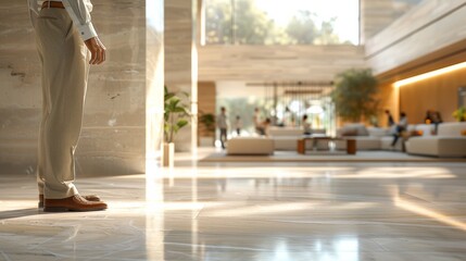 Obraz premium A professional man stands in a modern lobby with natural light streaming in during the day