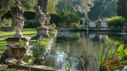 A reflective pond in a private estate, featuring elegant statues, manicured gardens,