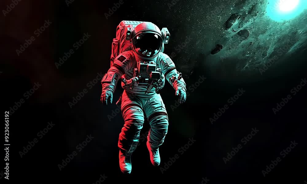 Poster astronaut floating in dark space with neon lighting