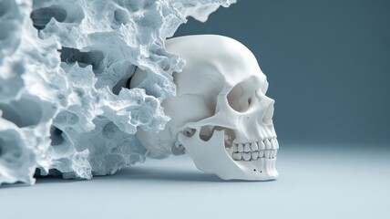 A CT scan of a skull, emphasizing bone structure and internal cavities in a monochromatic palette.