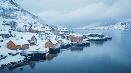 Naklejka premium Snowy Village on a Fjord in Norway