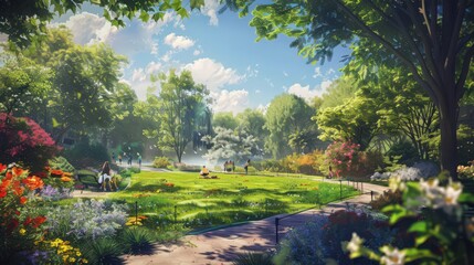 A refreshing summer day at a botanical garden with vibrant flowers, lush greenery,