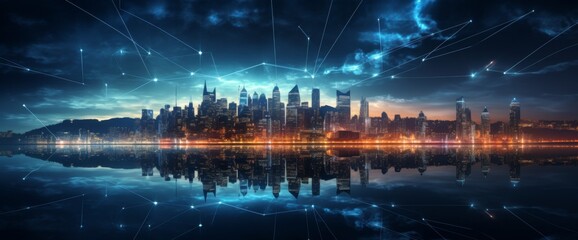 Fototapeta premium Abstract cityscape with digital data lines and night sky, futuristic skyline background. Concept of global network connection technology in an urban environment. 