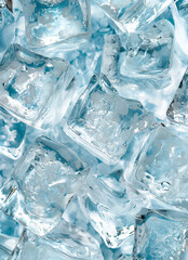 Many crystal clear ice cubes are laid flat clean.

